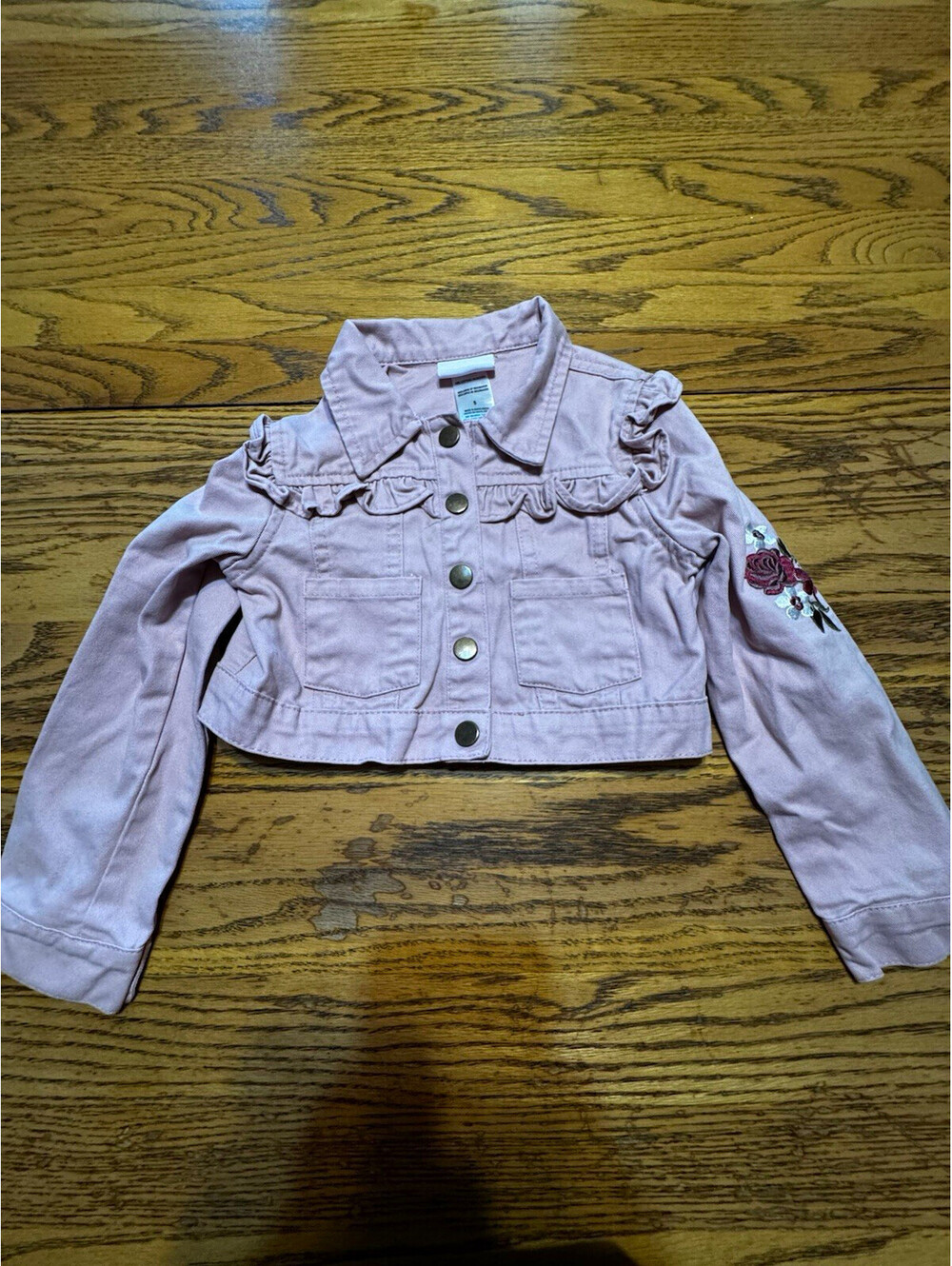 Little Lass Girls Pink Cropped Denim Jacket Size 5 Button Collared Pockets